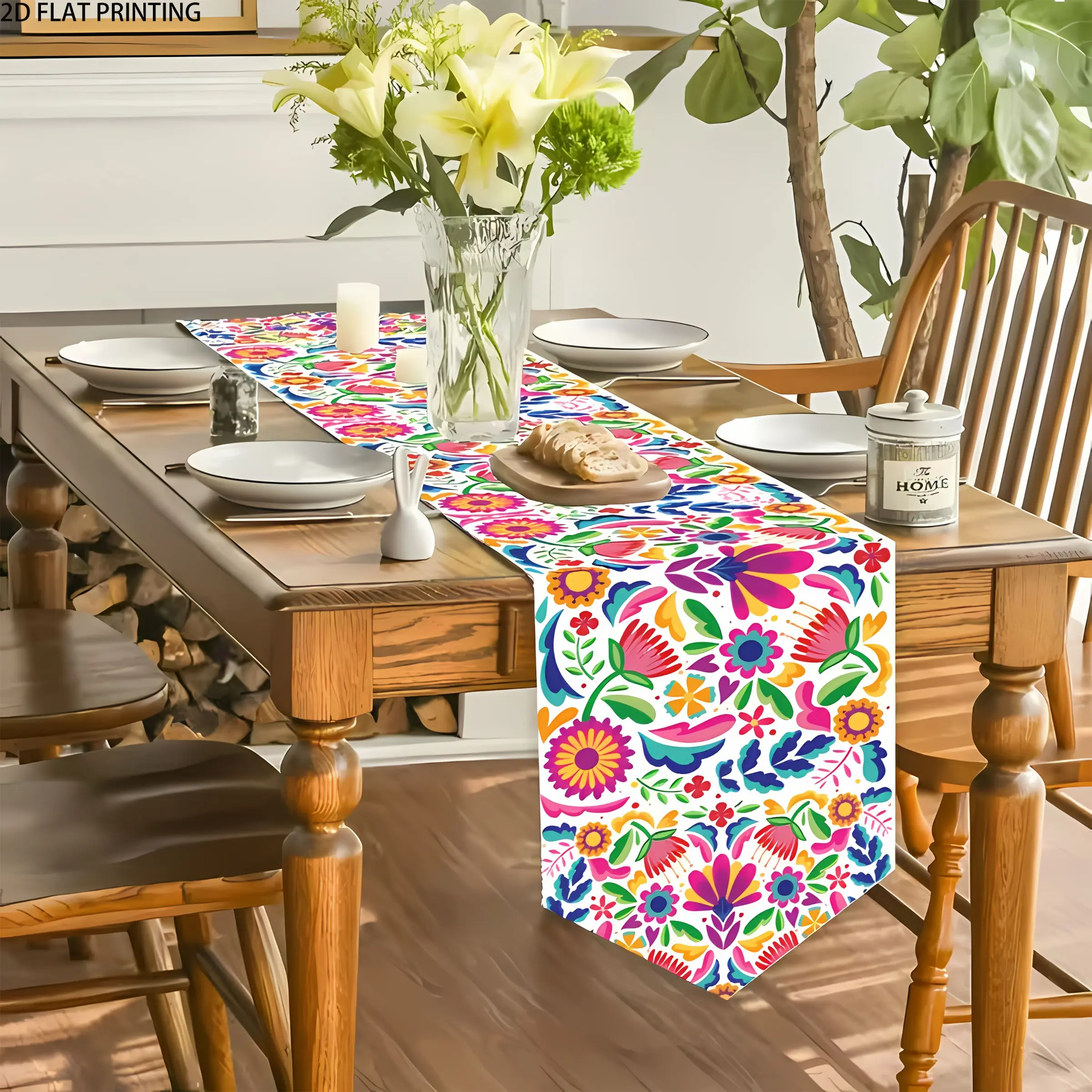 2D flat printing, 1-piece set of colorful Mexican floral table flags, perfect for "Day of the Dead" celebrations or any Festive holiday occasion, suitable for kitchen, dining or home decoration