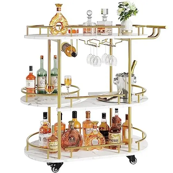 GARVEE 3-Tier Wooden & Metal Round Rolling Wine Bar Cart for Home, Small Mobile Beverage Stand with Rotating Shelf, Wine Bottle & Glass Holder, Utensil Storage for Living Room Dining Room, Bottles, Utensils