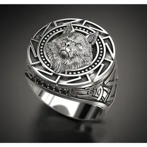 Vintage wolf totem Thai silver ring Nordic mythology Viking warrior wolf head men's ring