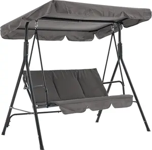 Gray Outdoor Patio Porch Swing Adjustable Backrest, 3-Seat Swing Chair with Weather Resistant Steel Frame for Backyard Front Porch Lawn, Cushion and Pillows Included
