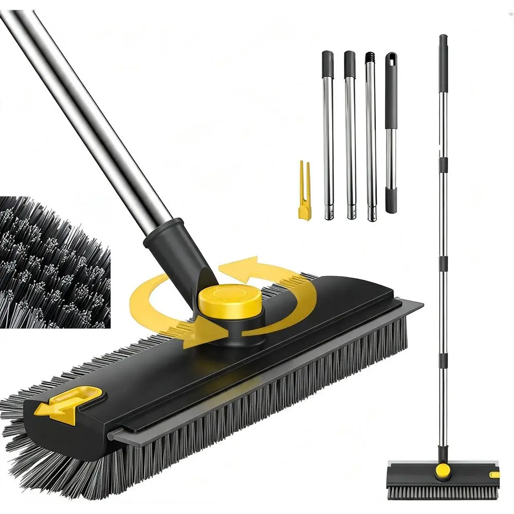 Heavy Duty 3-in-1 Adjustable Telescopic Floor Scrub Brush with Anti-Rust Stainless Steel Wand, 360-Swivel Hard Dense Bristles, Silicone Wiper - Multi-Surface Cleaning Tool for Tile, Bathroom (Black-Yellow), Telescopic Wand