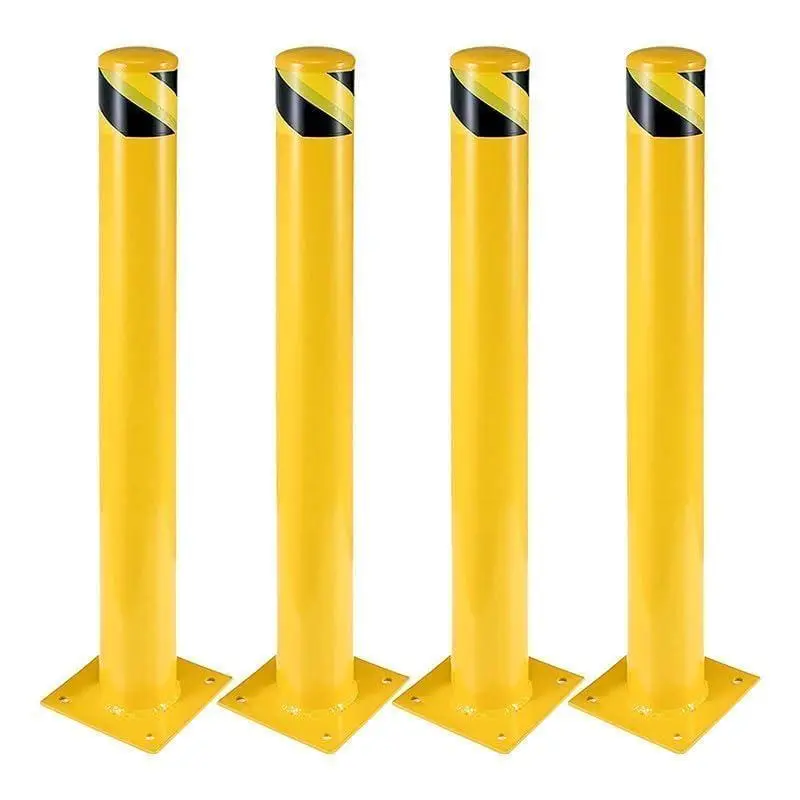 Safety Bollard, 4 Packs 48 Inch Height Bollard Post, 4.5 Inch Diameter, Yellow Safety Steel Bollard Post with 16 Anchor Bolts, for Traffic Control, Driveway Barrier, Parking Pole