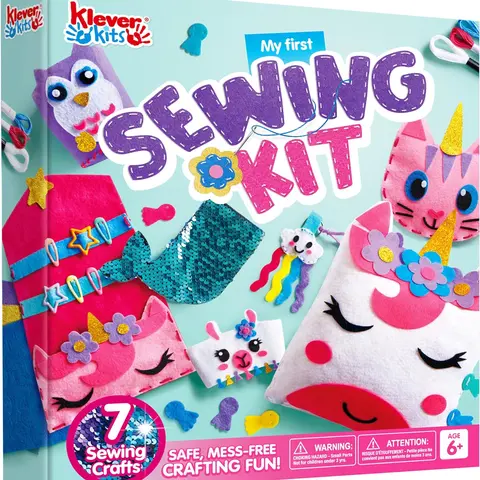 Klever Kits My First Felt Sewing Kit - 7 Easy DIY Animal Crafts for Kids Aged 6+ - Unicorn Pillow & Mermaid Card Holder - Safe Mess-Free Crafting - Perfect Gift for Girls - Item 60127