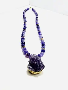 Mad Mellow 24” Amethyst Geode Necklace w/ Gold-Coated Beads