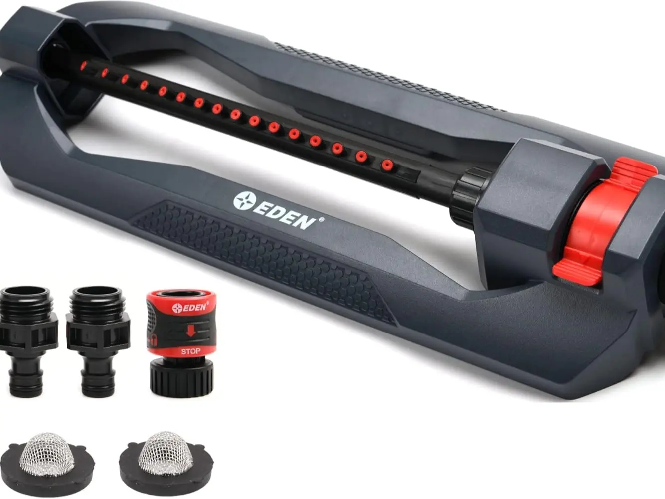 Eden 96213 Oscillating Lawn & Garden Sprinkler with 16 Precision Nozzles, Heavy-Weight Base, Leak-Proof Connector, 2 Extra Filter Washers, Built-In Cleaning Tool, All-Seasons Use for Up to 3600 sq. ft., Garden Sprinklers, Coverage Control, Not Smart Devic