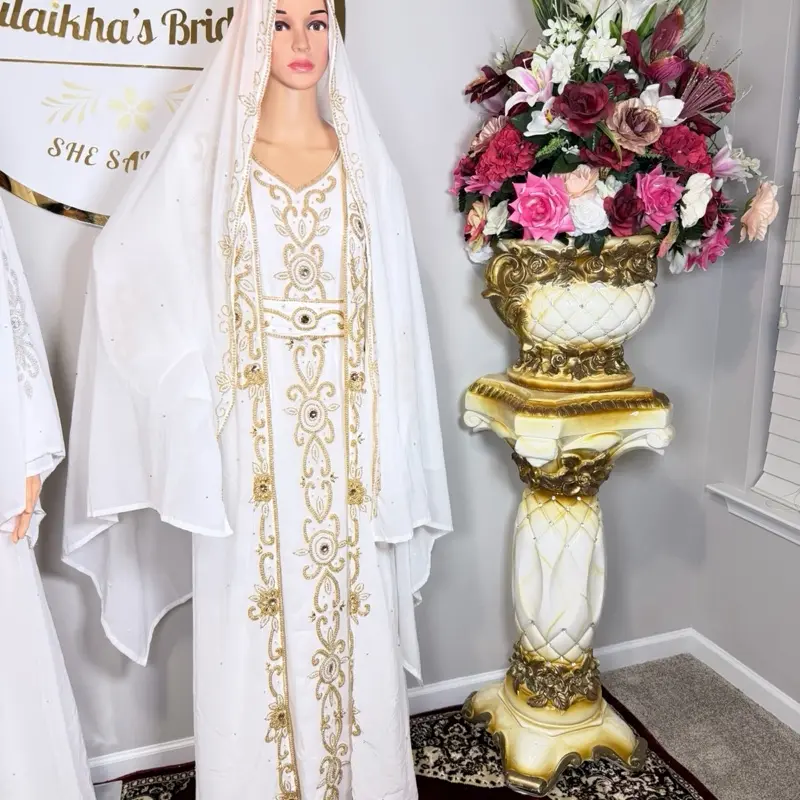 Handmade Beaded Crystal Kaftan Dress-White Gold