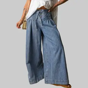 Dear-Lover Women's Chic Soft Denim Wide-Leg Pants - Adjustable Sky Blue Stripe, Button-Pleated, Drawstring Waist, Durable Casual Women's Bottoms