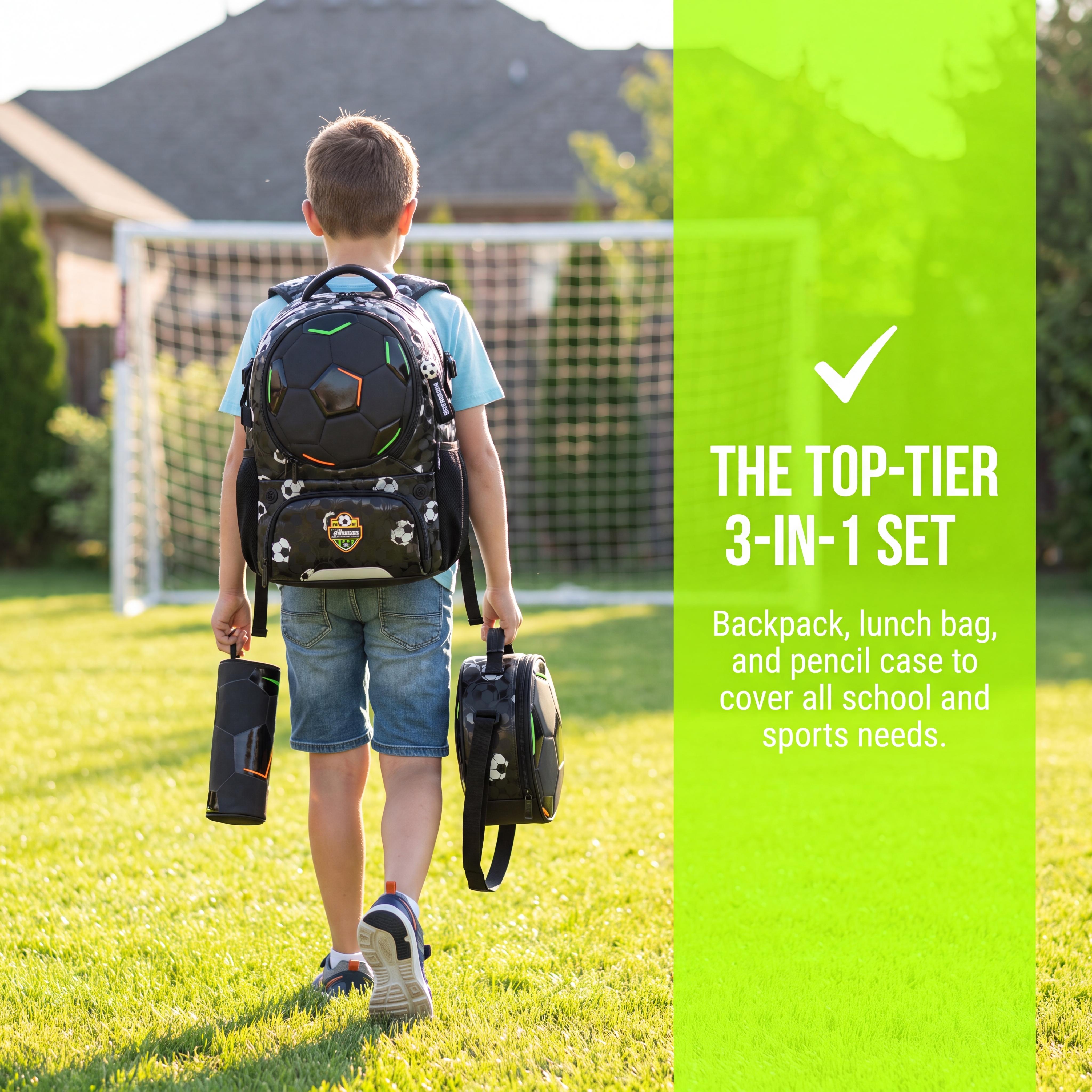 Male Minimalist 3-Piece Polyester Multi-Use Sports Backpack Set with 3D Embossed Soccer Design, Insulated Lunch Bag & Pencil Case for Elementary School Students