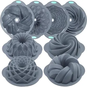 4 Pieces Silicone Fluted Cake Pans, 6/7/8 Cups Tube Baking Pan, Non-Stick Kitchen Oven Baking Pans, Silicone Molds for Homemade Cake, Bread and Jello, Grey