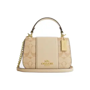 COACH Classic Two-Tone Saddle Bag for Women – Khaki and White Leather Handbag with Detachable Strap
