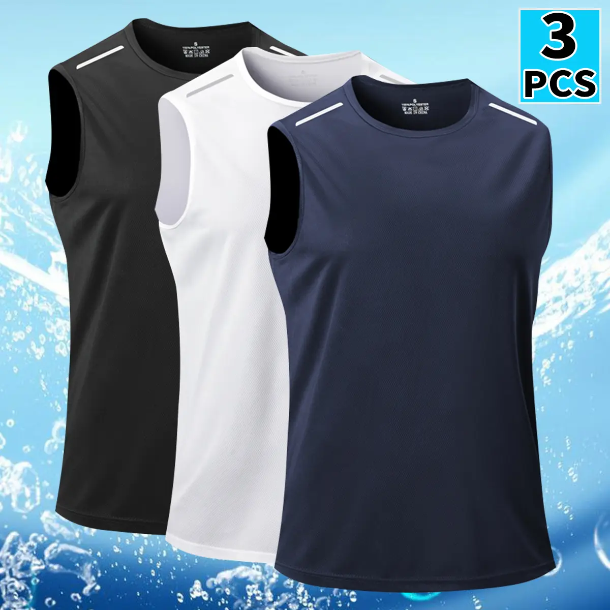 Men's 3-Pack Crew Neck Sleeveless Short Vests - Breathable Quick-Dry Polyester Clothes Gym Outfits, Mens Clothing Men's Wear Summer Underwear Top for Gym, Running (Black/White/Navy Blue),summerwins,father'sdaygifts,back to school,back to school shopping