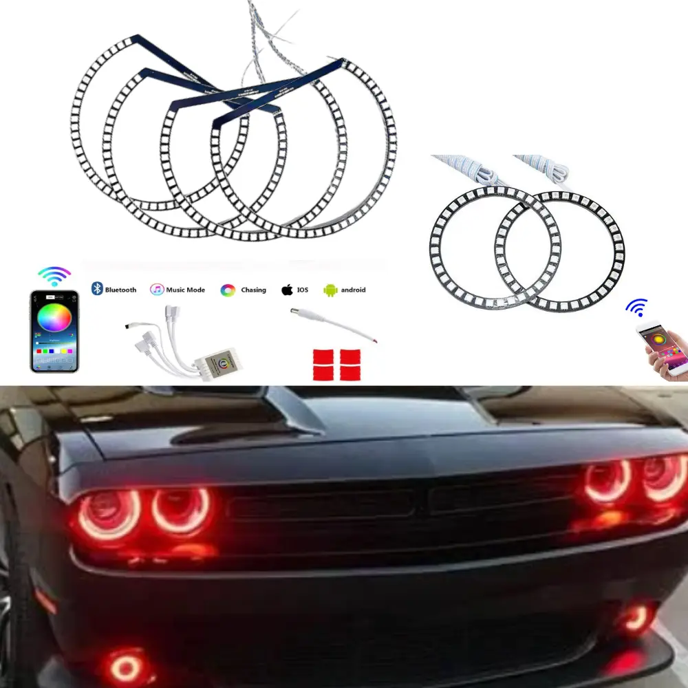 AkiHalo APP BT RGB LED Angel Eyes Halo Rings with IR Remote Controller & Smart Equipment Compatibility for 2006-2014 Dodge Challenger, Car Headlight Retrofit, Demon Light, DRL