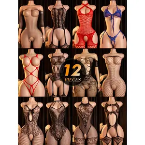 12pcs Women'S Sexy Bodysuit & Lingerie Set - Hollow-Out Lace Corset, Thong, and Garter Belt in Red, Blue, Black, and White - Perfect for Adult Pleasure, Intimate Apparel |   Seductive Clothing |   Lace Detailing, Lingerie Sets for Women