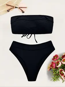 Two-Piece Set Women's Solid Color Swim Tube Top & Swim Panty Bikini Set, Casual Fashion Chic Swimwear Set for Beach Holiday Vacation, Ladies Swimsuit for All Seasons, Spandex Bikini