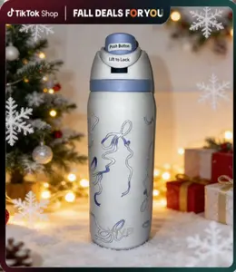 [viva] 32oz blue ribbon patterned ounce stainless steel insulated cup - with flip cover insulation and leak proof travel cup, perfect for home, gift giving, office, beverage, suitable for adults and children as well as adults and children