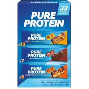 Pure Protein Bars - Gluten Free Variety Pack 23 ct - Chocolate Peanut Butter, Chocolate Deluxe, Chocolate Peanut Caramel Snacks - Bonbon