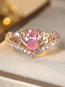 Elegant Water Drop Design Crown Rings - Synthetic Crystal Fashion Stackable Statement Rings for Women & Girls Holiday Party Engagement Ring, Perfect for Wedding Jewelry, Daily Wear Anniversary Gift, Zircon Ring