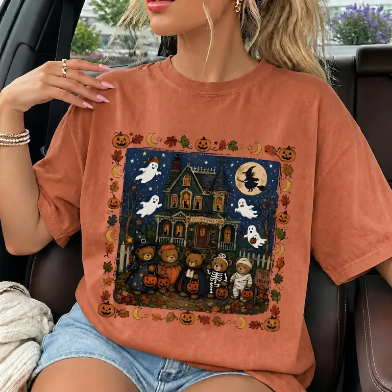 Comfort Colors 90s Bears Halloween Shirt, Trick or Treat Tee, Haunted House Graphic T-Shirt, Pumpkin Lover Spooky Season Gift