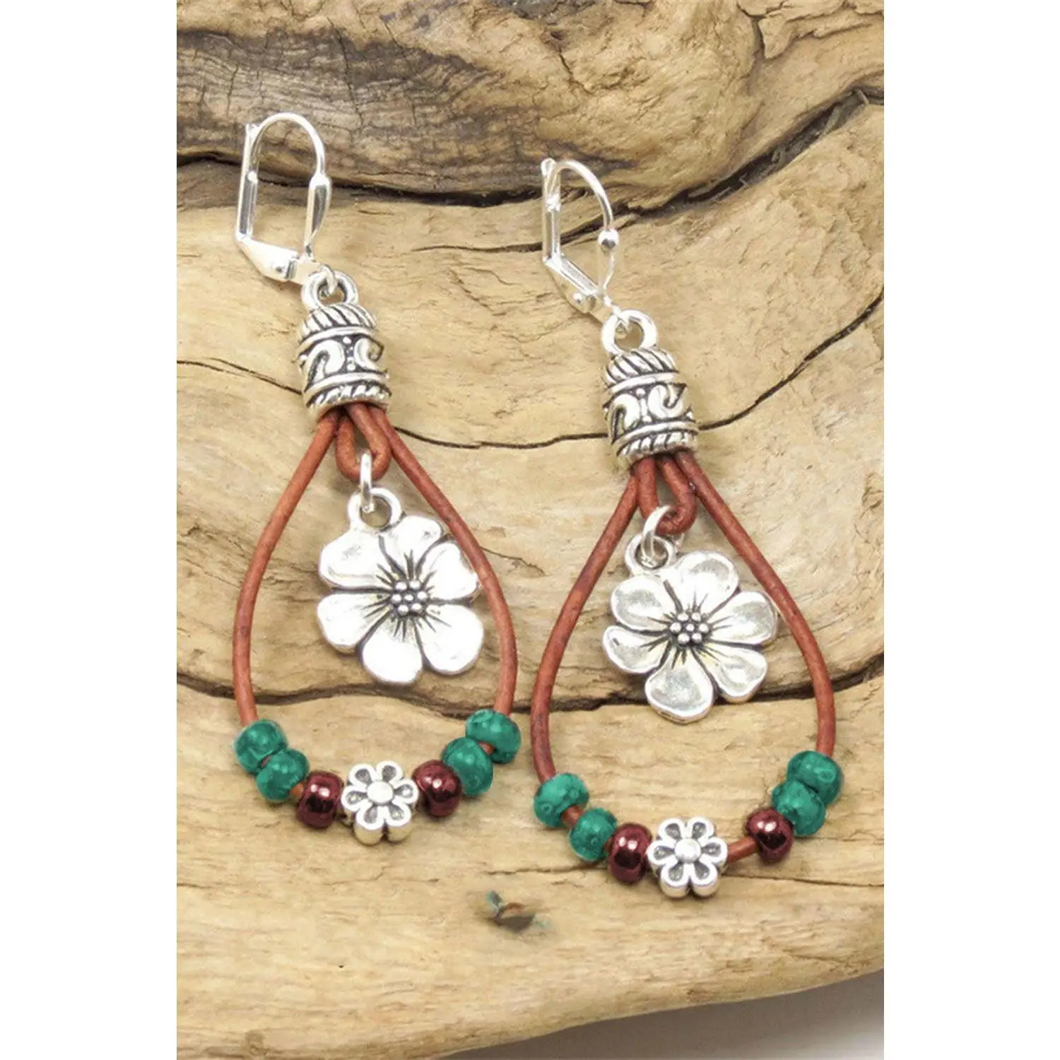 Silvery Western Leather Beaded Floral Dangle Earrings