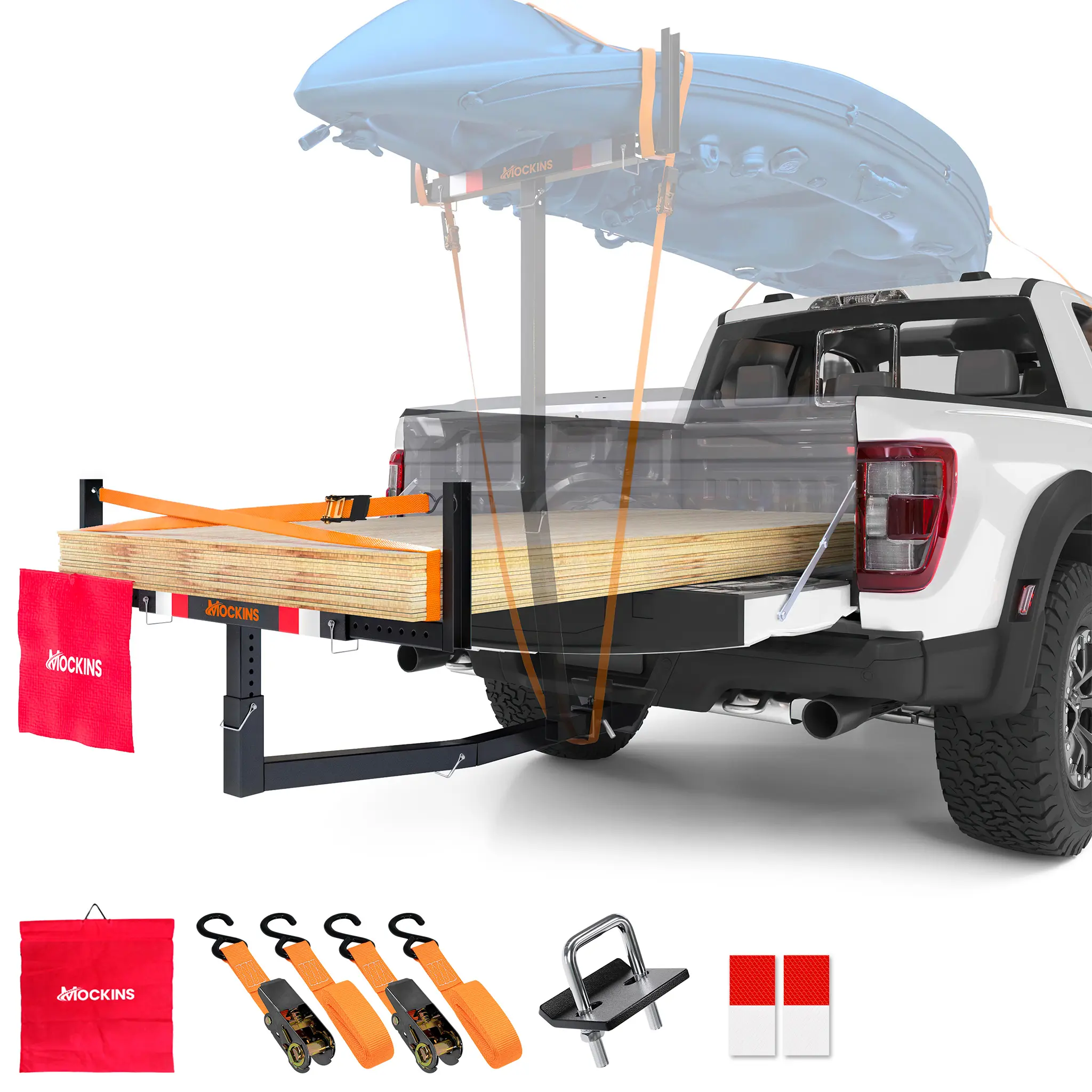 Mockins Pick Up Truck Hitch Mount Bed Extender - 2 in 1 Adjustable Design | 750 lb. Capacity - 2" Hitch Receiver | Black Rustproofed Steel Bed Extension