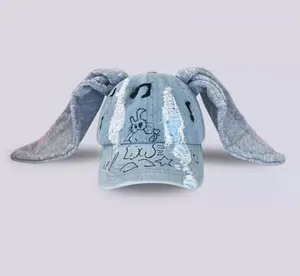 NewJeans-Inspired Rabbit Ears Denim Cap – Washed Graffiti Duck Tongue Hat | Sweet & Cool Hip-Hop Style Baseball Cap for Street Fashion Lovers