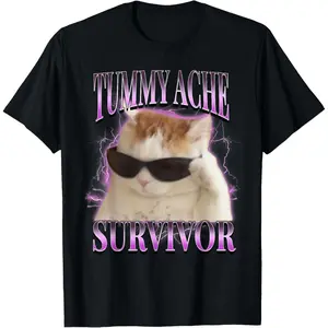 Humorous Tummy Ache Survival Cat Meme TShirt Perfect for Cat Lovers and Meme Enthusiasts