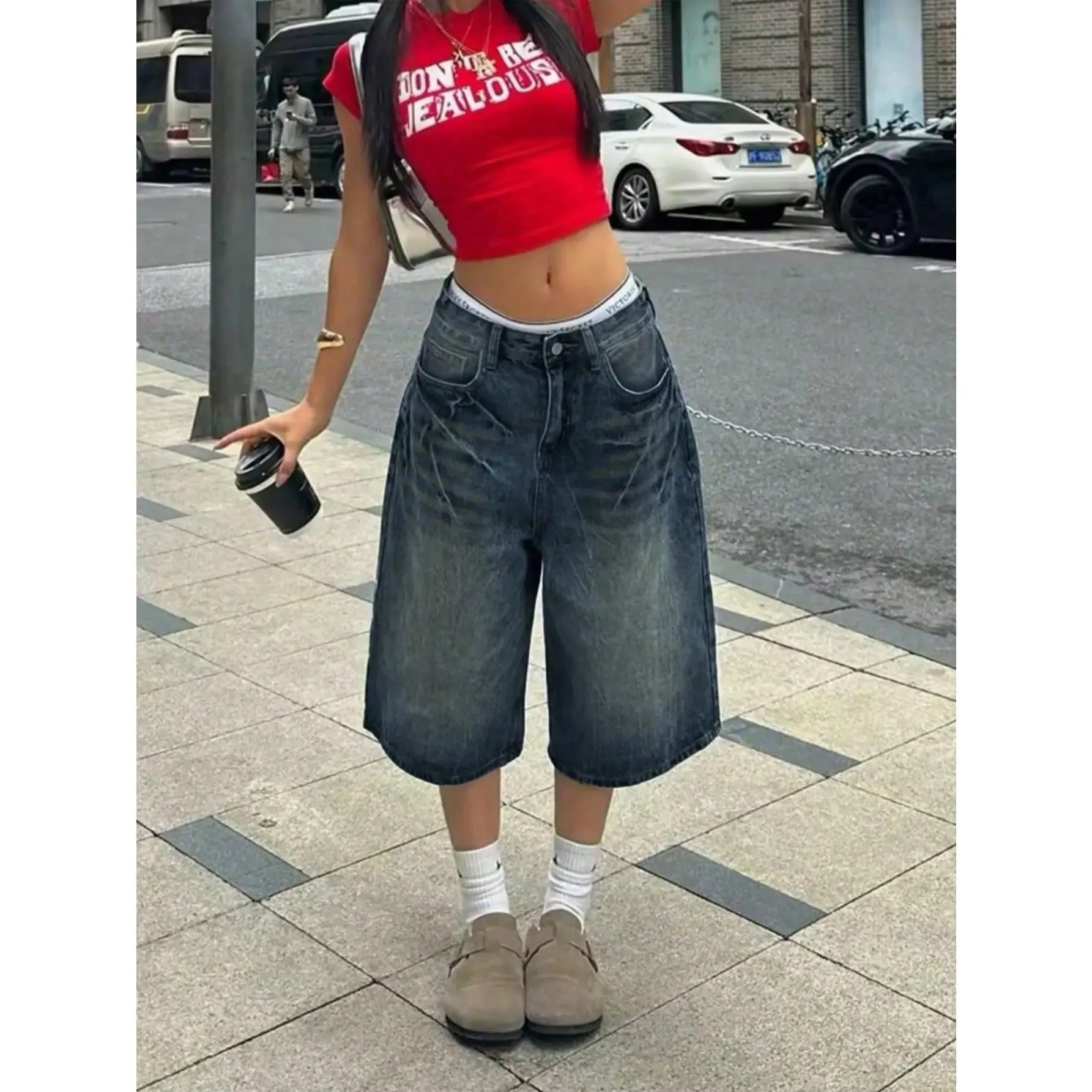 Unisex Y2K Vintage Washed Cat Whisker Pocket Wide Leg Bermuda Denim Shorts Casual Capri Music Festival 2026