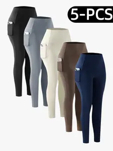 OKP 5 Pack Women's Solid High Waist Pocket Sports Leggings, Sporty Comfy Breathable Skinny Pants for Yoga Gym Workout, Ladies Sportswear for All Seasons
