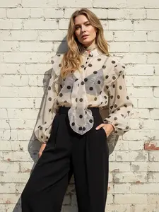 Long Sleeve Loose Buttoned Elastic Polka Dot Ruffle Transparent V Neck Shirt Top, Women's Casual Fashion Blouse Womenswear Aesthetic