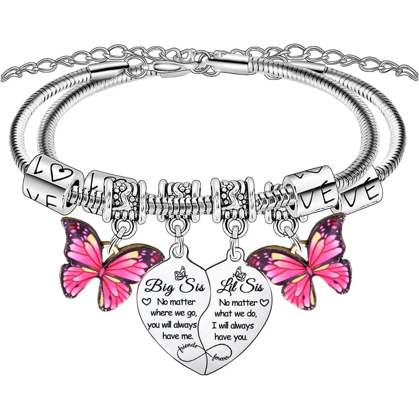 2PCs Big Sister Little Sister Heart Matching Charm Bracelet for Women Sisters Gifts from Sisters Birthday Gift Big Sis Little Sis Bracelet Set Butterfly Charm Jewelry Gifts