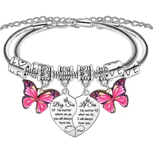 2PCs Big Sister Little Sister Heart Matching Charm Bracelet for Women Sisters Gifts from Sisters Birthday Gift Big Sis Little Sis Bracelet Set Butterfly Charm Jewelry Gifts