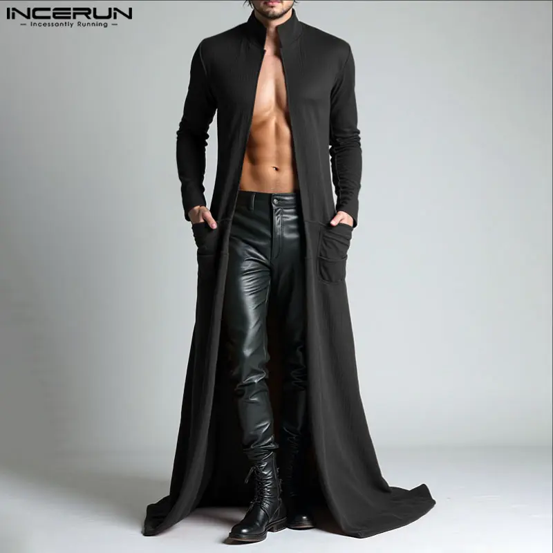 INCERUN Menswear Men's Retro Long Full-Sleeves Floor-Length Duster Cardigan, Stretched Spandex-Polyester Fabric with Drape, Plain Textured Open-Front Stand Collar Top for Easter Gay Nightclub Fashion