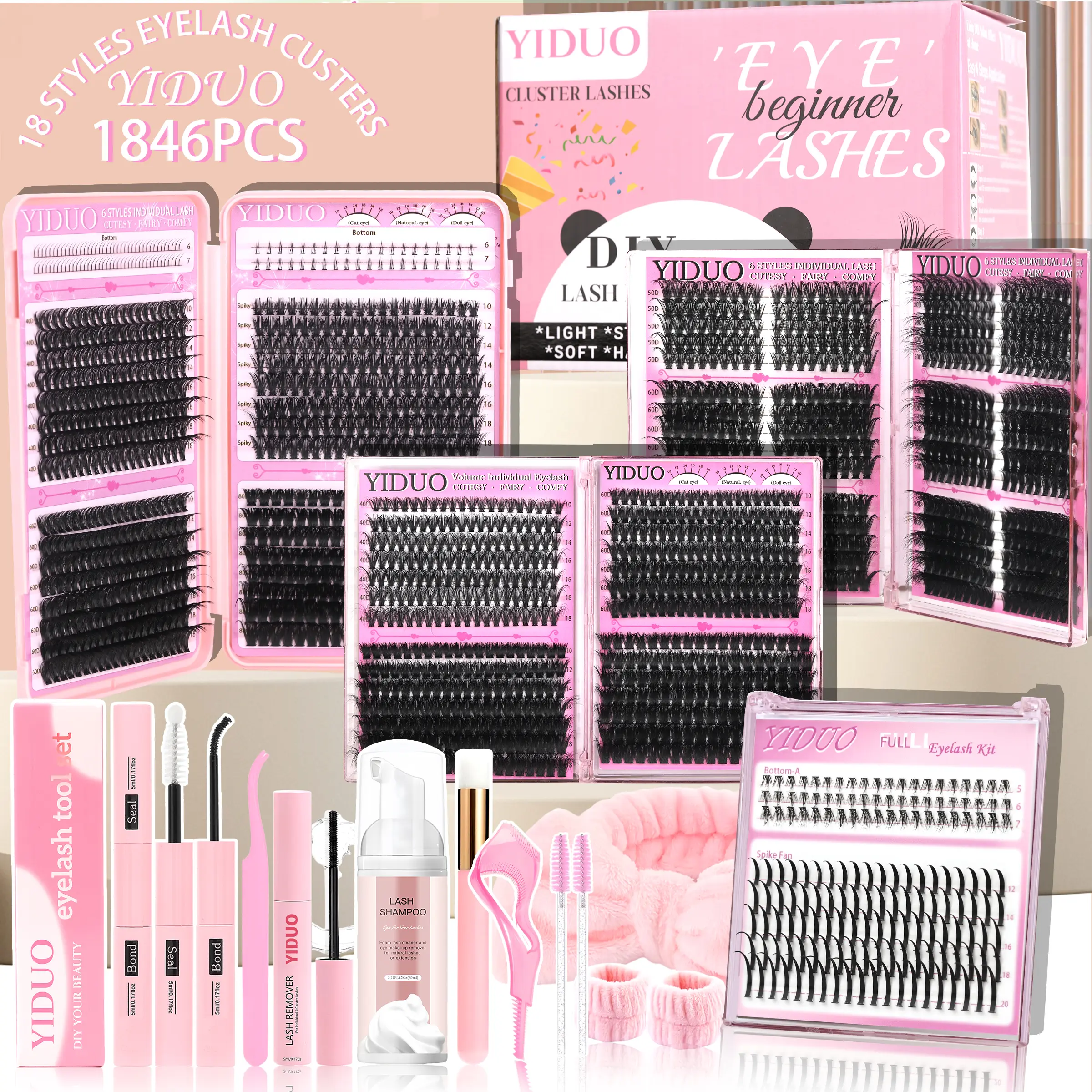 YIDUO Lash Clusters Kit Gift Packs Lashes Set 1846Pcs Mix Styles Lash Clusters Kit, Volume/ Mega/ Full/Spikes/Bottom Eyelash Clusters Extensions Kit With Bond and Seal makeup tools for Beginners and Proficient, DIY at Home