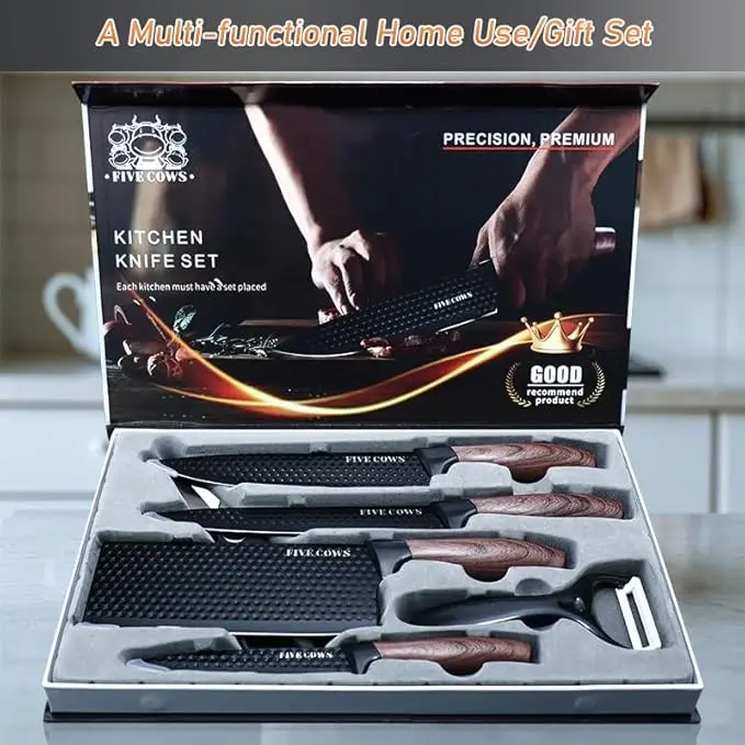 6-Piece German High Carbon Stainless Steel Kitchen Knife Block Set with Sharp Blade, Durable Razor-Edge, Lightweight Anti-Slip Handle, Ideal for Home Meat Prep & Thin Slicing (Brown)