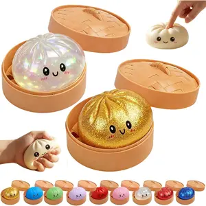 2026 New Glitter Dumpling Squishy,Stress Relief Toy with Steamer Box for Colorful Squishy Fidget Sensory Ball for Anxiety Relief, Fun Gift for Kids Teens Adults