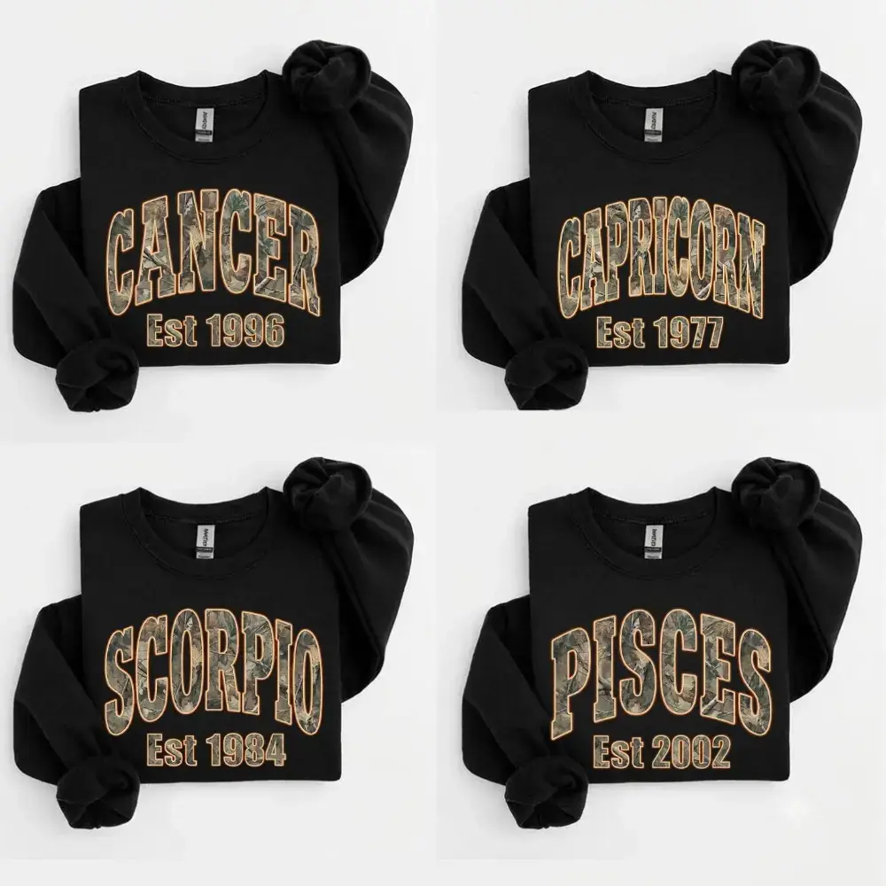 Women's Long Sleeve Pullover Round Neck Crew Neck Camo Zodiac Sweatshirt - Black, Custom Est/Birth Year, Personalized Astrology Varsity Top, Unisex Birthday Gift - TrendWear USA (Leave Add Note or DM Our Shop)