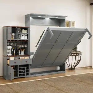 Queen Size Murphy Bed with Storage Cabinet, Wine Rack, Glass Holder, Drawers and Multi-Color LED Strip, Gray