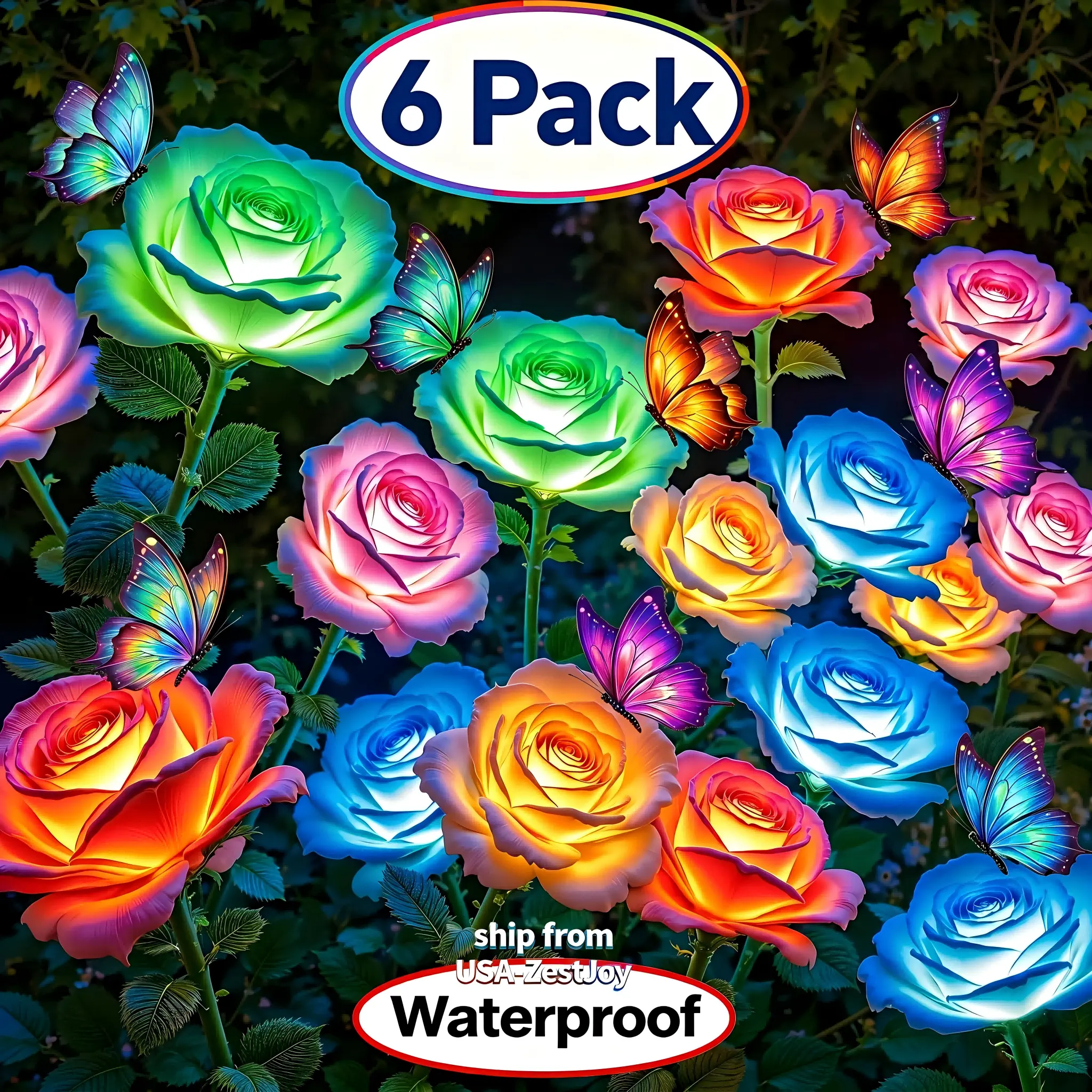 6-Pack Solar Rose Lights Outdoor - 24 Realistic Petals With 7-Color Changing LEDs & Leaves, Waterproof Solar Garden Lights For Yard, Patio, Lawn - Auto On/Off, No Wiring Needed, Perfect Outdoor Decor, 12 Pcs Clip-on Butterfly Accessories
