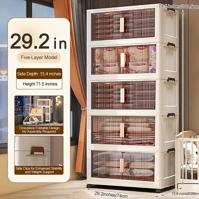 24.4/29.2/34.7In Folding Storage Cabinet, 3/4/5-Tier Extra Large Plastic Storage Bins with Lids, Foldable Stackable Storage Organizer with Wheels for Home, Office, Kitchen, Bathroom And Garage