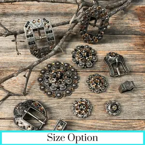 Antique Silver Champagne, Jet Crystal Conchos - Sizes from 1"- 3" and Buckles