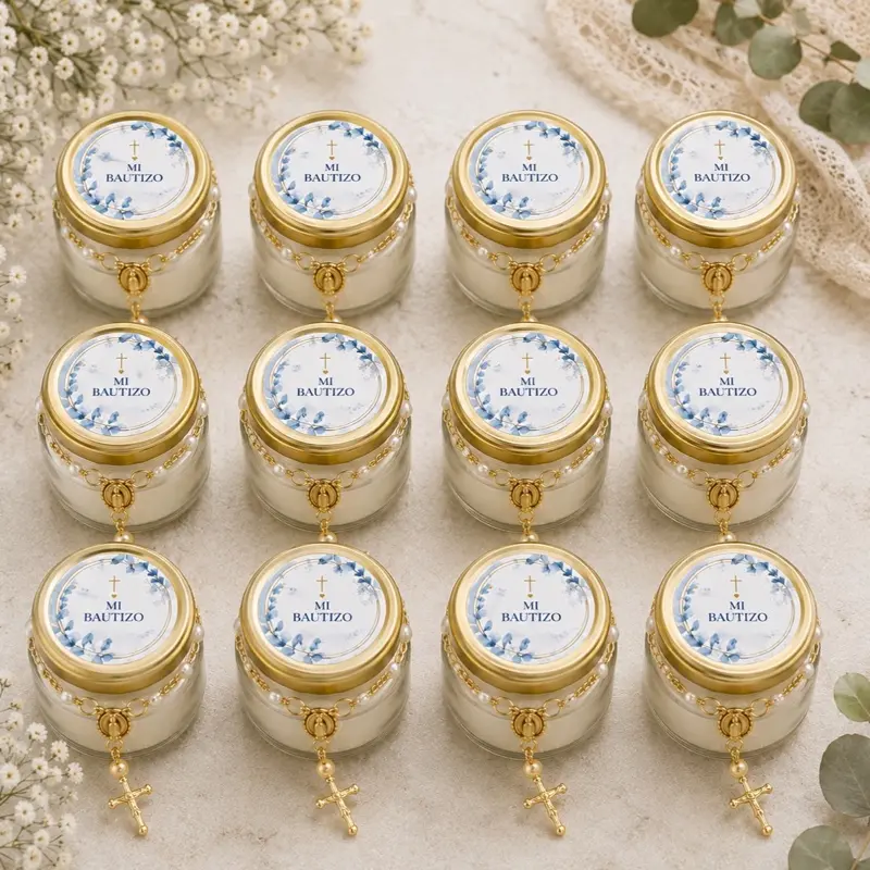 12 Candle & Rosary Religious Decor Set, Bautizo Celebration Home Decor Supplies Available in Blue, Pink, Gold, Green & Purple
