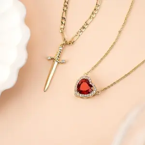 Romantic Sword Pierced Heart Necklace - Gold Chain Trendy Jewelry with Red Crystal Pendant, Perfect Valentine's Day Gift for Best Friend or Lover