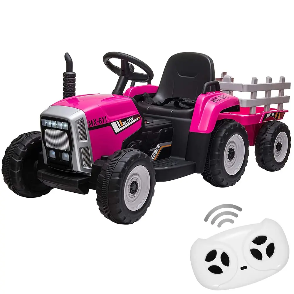 GARVEE 12V Battery-Powered Realistic Remote Control Ride-On Electric Tractor Kart for Toddlers 3-6Y, Parental Mode, 35W Motor, EVA Tires, Trailer, 7-LED Headlights, 2+1 Gear Shift, Music Player, USB Port, Adjustable Seat Belt, Rose Red