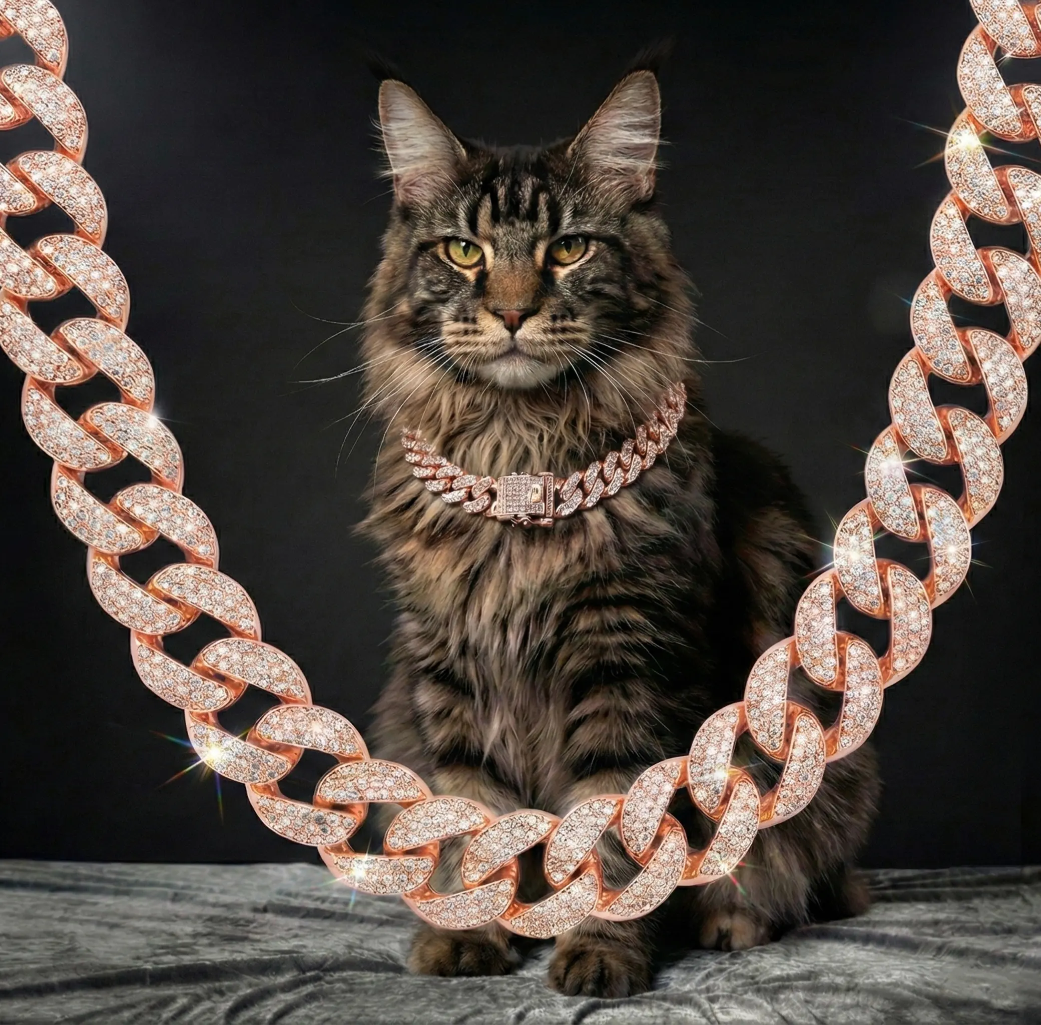 Rose Gold Cuban Metal Pet Neck Accessory - Luxurious, Exquisitely Designed, Multifunctional with Crystals & Diamond Bow, for Cats & Dogs, All Seasons Everyday Wear Animal Jewelry, Animals, 2 Sizes