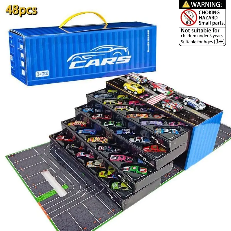48-Piece Realistic Race Car Model Set, Collector's Edition Gift Box (12.1*4*4.7 inch), 4-Layer Interactive Toy Car Set with Map & Parking Lot, Perfect Holiday Present, Unisex, Vehicle Playset