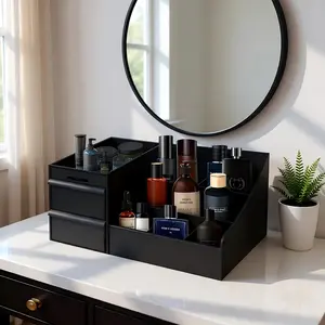 The Ultimate Gift for Men Large Black Organizer for Grooming Essentials Three-Layer Design with Double Drawers Perfect for Bathrooms & Dressing Tables