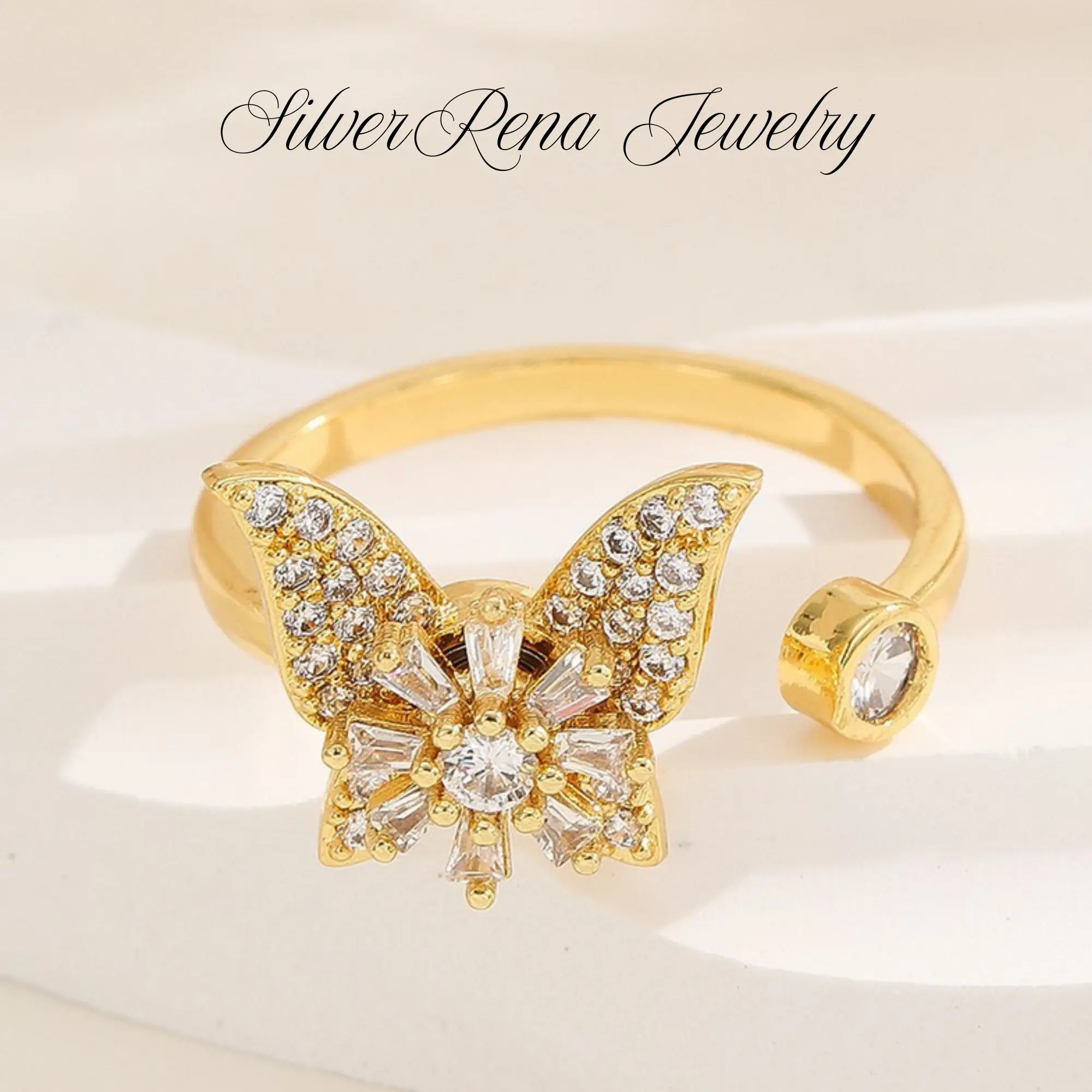 Elegant Butterfly Fidget Anxiety Open Ring with Sparkling 5A CZ Design, Stylish Fidget Jewelry for Women, 14k Gold Plated Rotatable Crystal Ring, Good Luck Gift for Her, Birthday Valentine's Day Anniversary Gift for Lover & Girls, Daily Wear Jewelry
