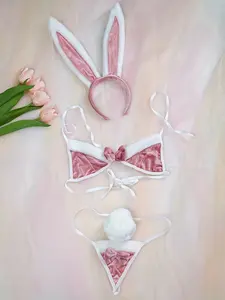 Bunny Ear Lingerie Set, Faux Fur Trim Bowknot Triangle Cups + Low Waist Panties, Rabbit Ears Party Halloween,sexy lingeries Aesthetic