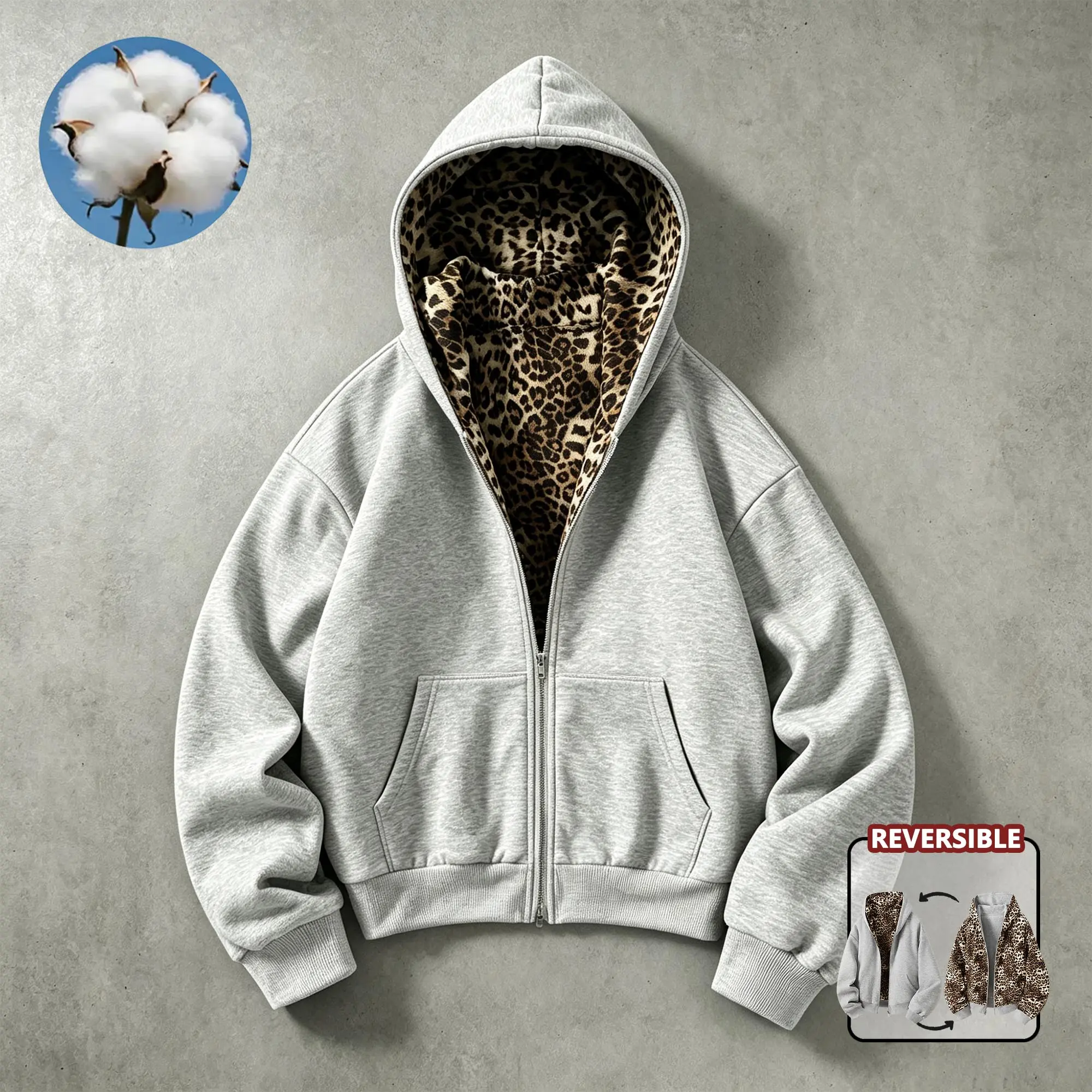 EKF men’s cotton soft leopard-print hooded zip-up jacket, reversible for two-way wear, street casual versatile everyday outerwear for spring and autumn