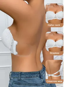 Women's Lace Push-Up Backless Bandeau,Multiway Halter Neck Strapless Breathable Bra Deep V Push Up Anti‑sagging Underwire spport comfort Halter Backless off-shoulder Dresses